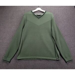RHONE Sweater Mens Size LARGE The Turn Golf V-Neck Jungle Green Navy Stripe Knit